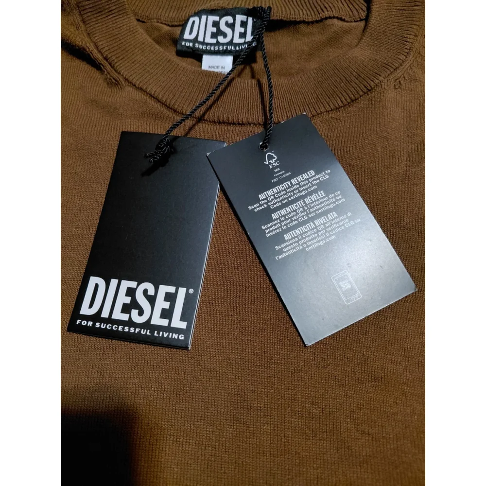 DIESEL K-FREEX-NEWPRINT KNIT Cotton Sweater Logo Patch Coffee Brown Mens XL NWT